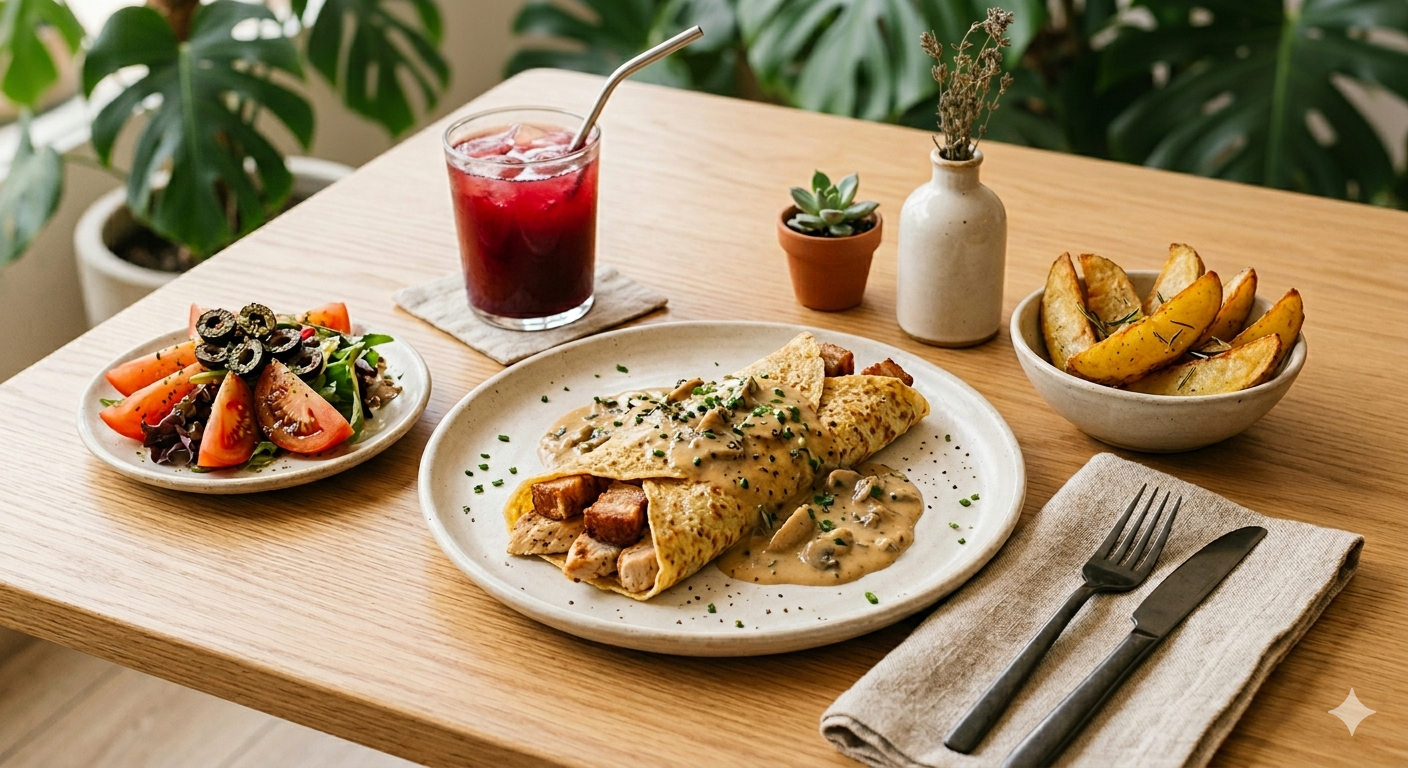 Crepe con pechuga al grill y chicharrón